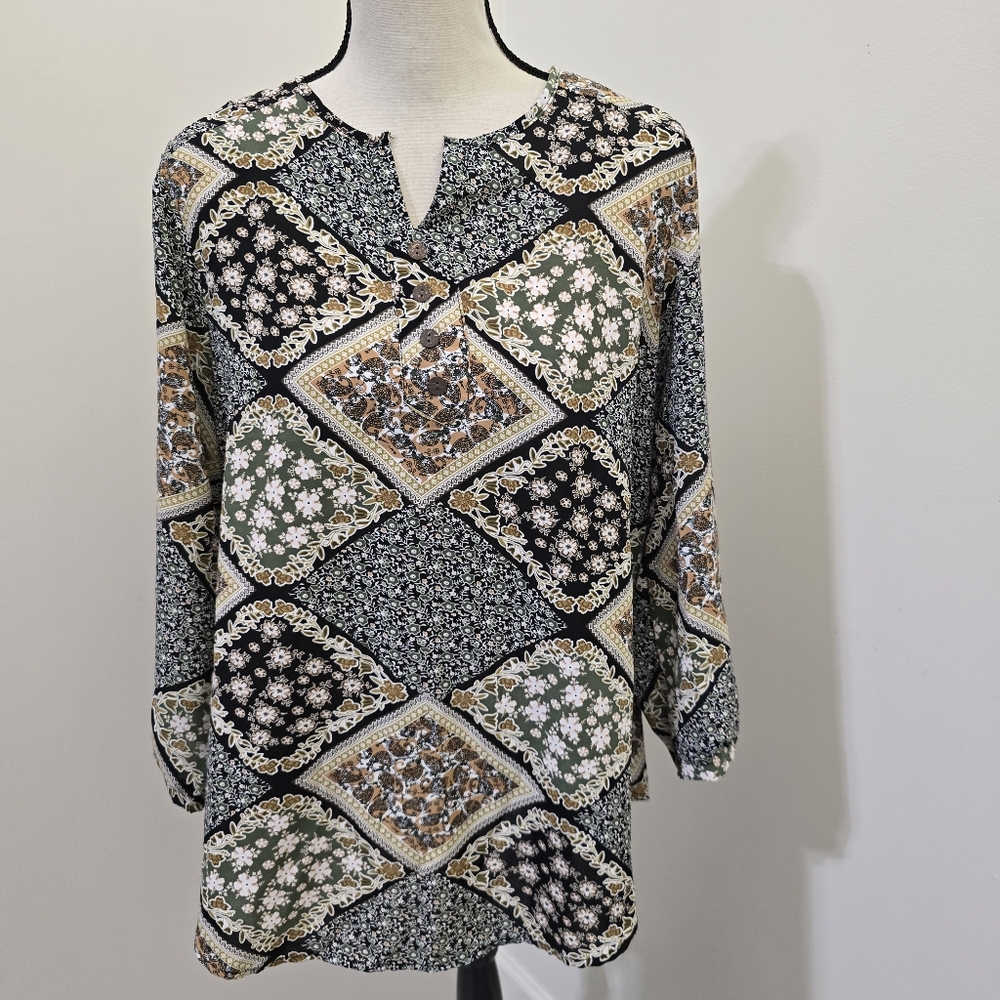 INDIGO SOUL‎ size Large Floral Geometric Peasant Boho Blouse Colorful